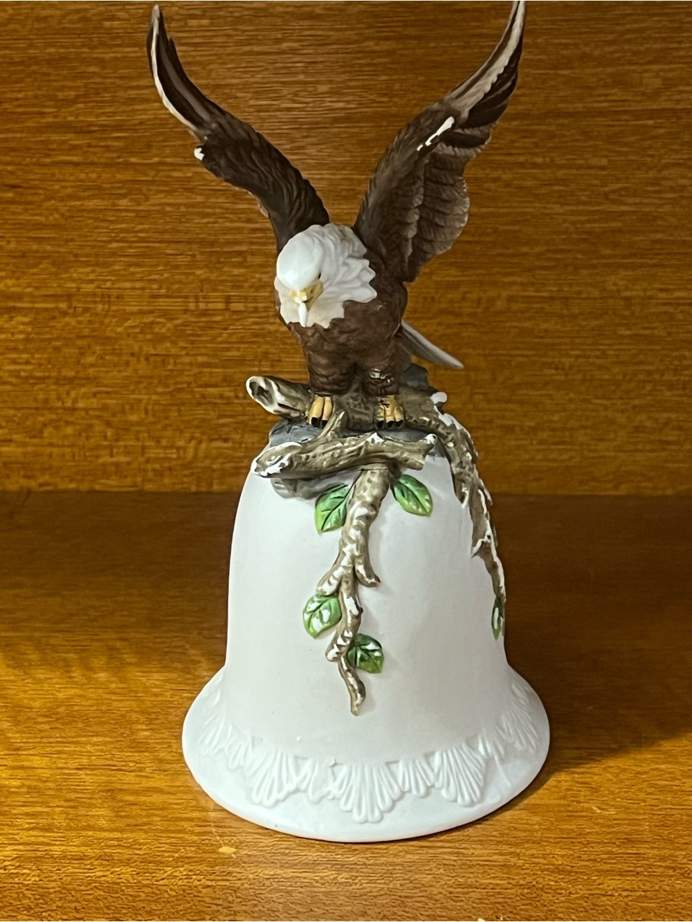 Source Unknown White, Brown, Green Porcelain Eagle Bell